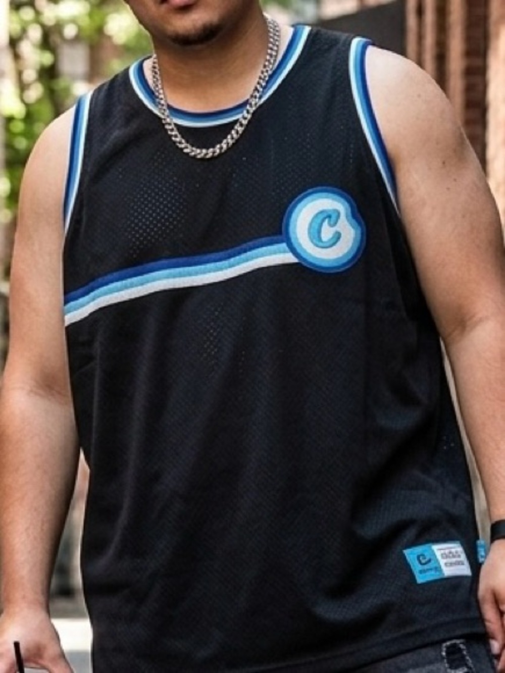 COOKIES 83 Black Mesh Basketball Jersey, Blue & White Stripes. Urban Street Y2K